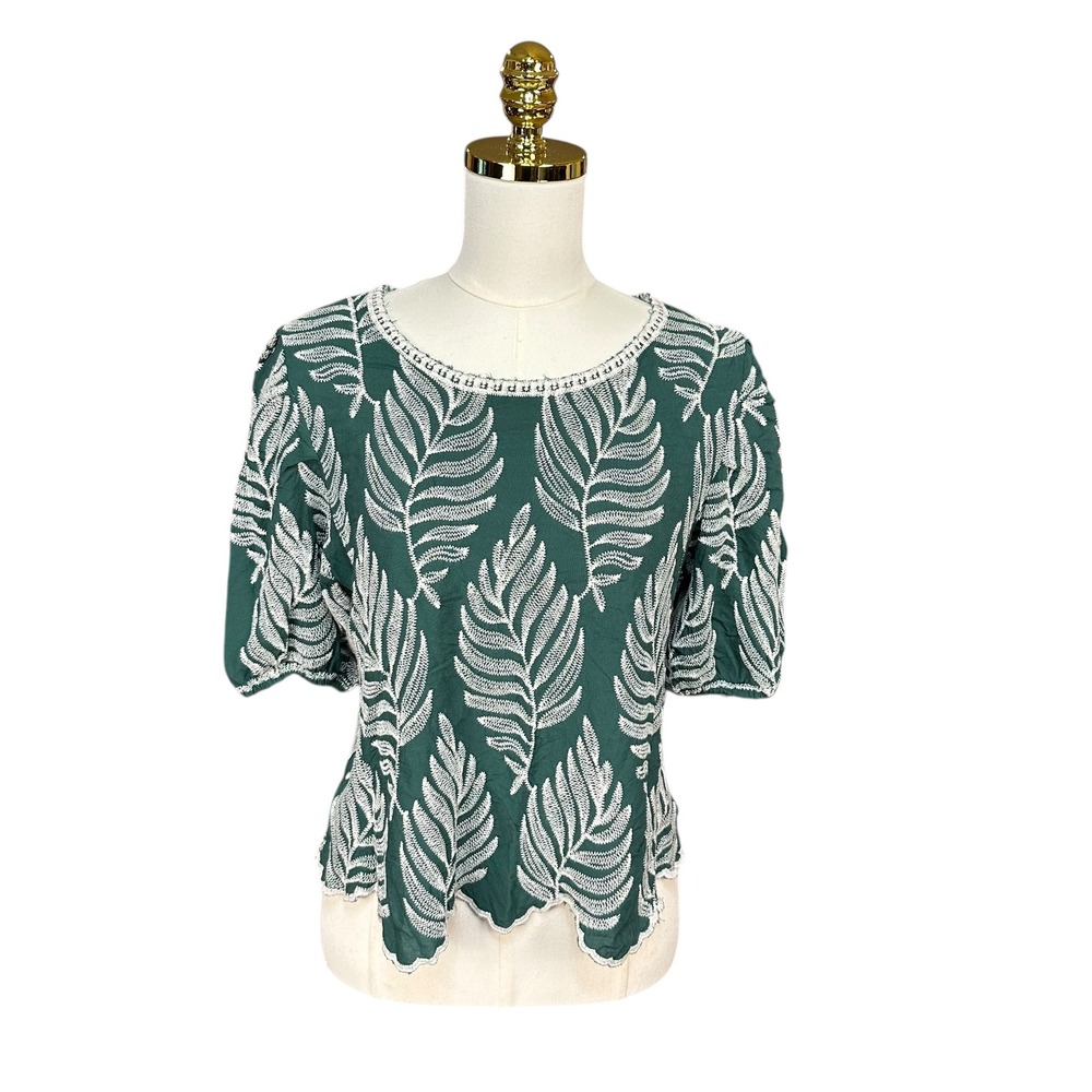 Solitaire Grn/Wht Leaf Flutter Sleeve Embroidered‎ Scalloped Hem Boho Blouse LG